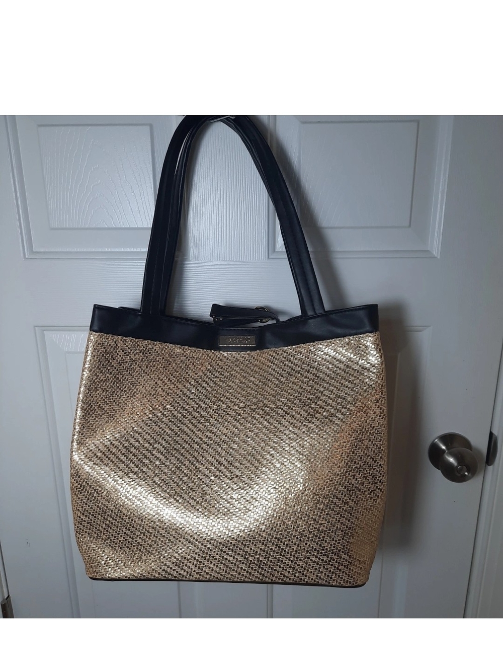 Versace Parfums Gold Metallic Tote Bag with Black Trim